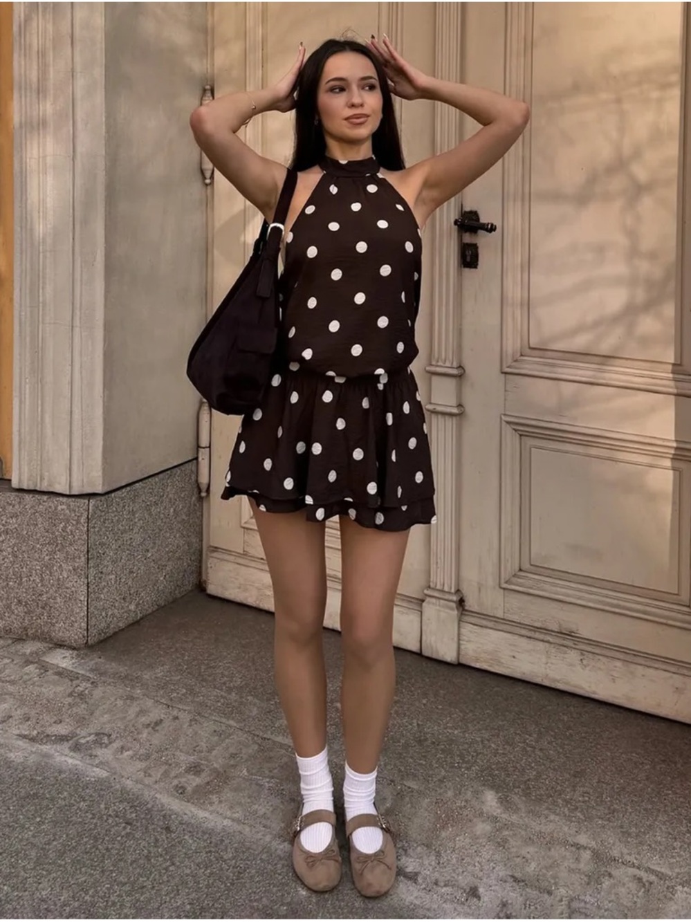 Bershka Brown Dot Halter Mini Dress